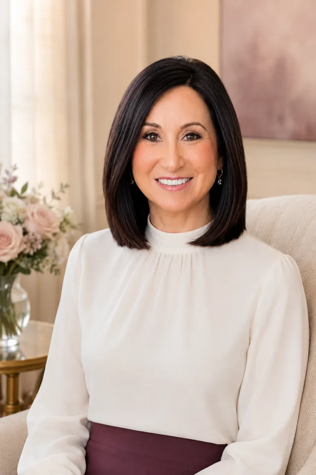 Sara Freed seated in a cream chair beside blush and ivory flowers